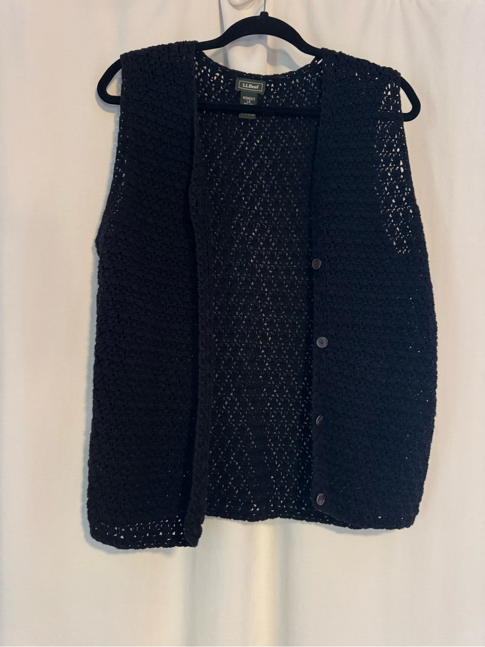 L.L. Bean Black Open-Knit Button Front Women's Sweater Vest